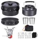 AUOSHI 15pcs Camping Cookware Set with Folding Camping Stove, Non-Stick Lightweight Pot Pan Kettle Set with Stainless Steel Cups Forks Knives Spoons for Camping Backpacking Outdoor Picnic