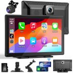 HOMPOW 9 Inch Wireless Apple Carplay Touchscreen with 4K Dash Cam,Portable Car Stereo Receiver with 1080P Backup Camera,GPS Navigation, Bluetooth,Carplay with 64GB TF Card for All Vehicles