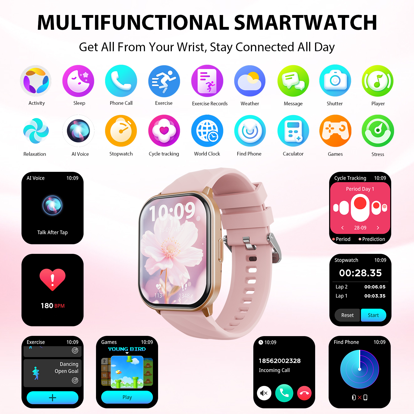 (2 pack) AUOSHI Smart Watch fits for Android & iPhone (Bluetooth Answer/Make Calls), 2.01 inch IP68 Waterproof Tracking Fitness, Sleep Monitor/Pedometer/Calories,Multiple Sports Modes,Pink - Image 4