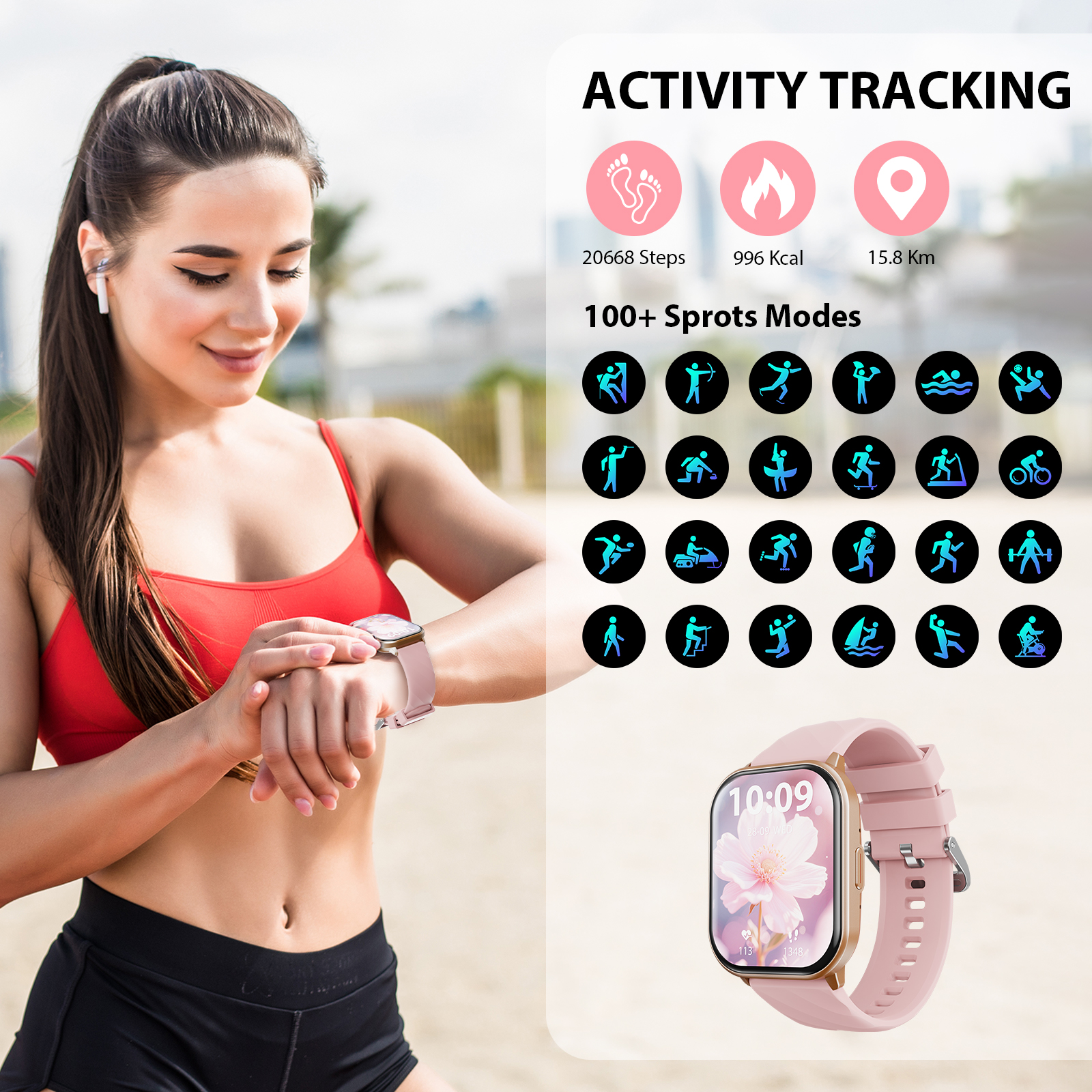(2 pack) AUOSHI Smart Watch fits for Android & iPhone (Bluetooth Answer/Make Calls), 2.01 inch IP68 Waterproof Tracking Fitness, Sleep Monitor/Pedometer/Calories,Multiple Sports Modes,Pink - Image 7