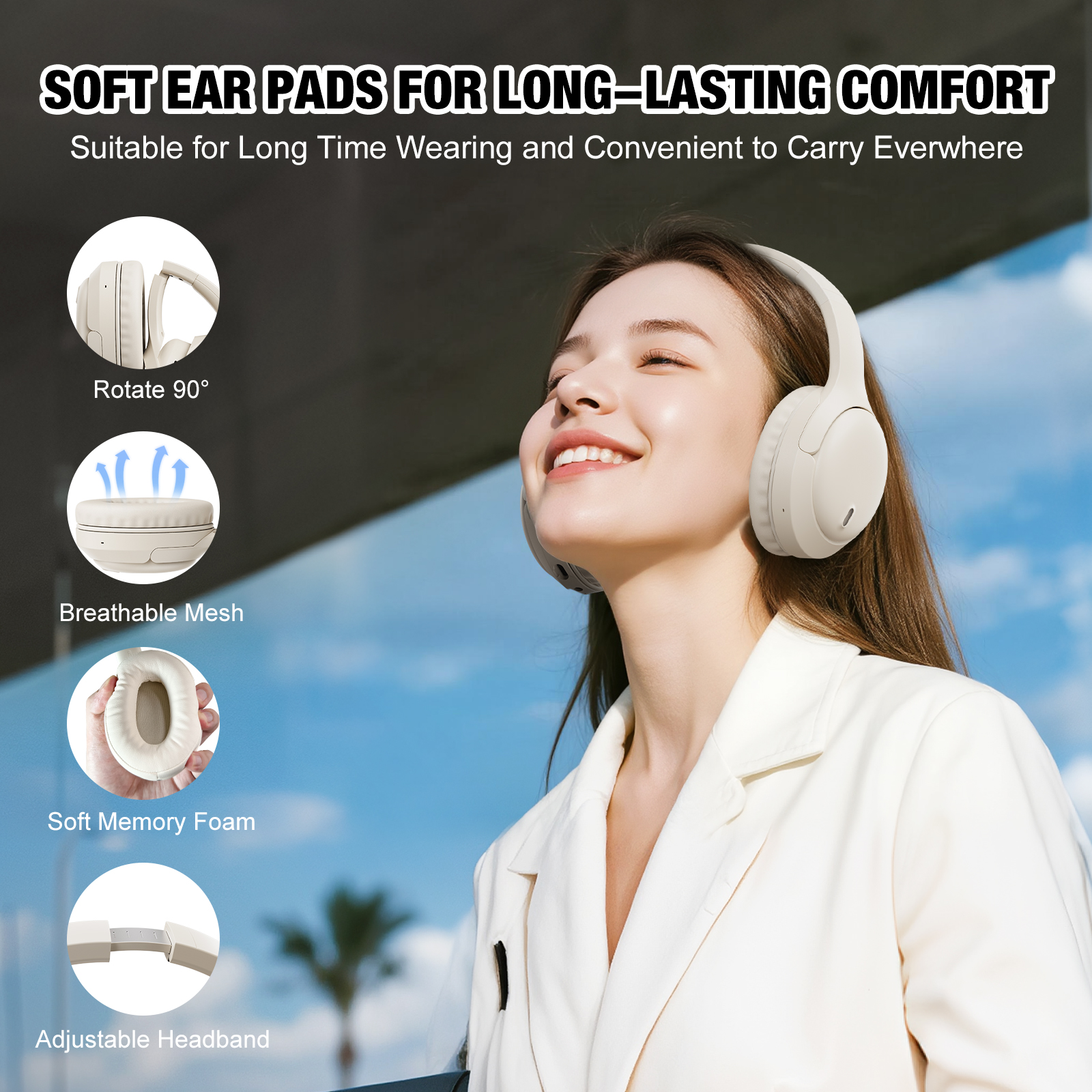 AUOSHI Headphone, A18 Active Noise Cancelling Headphones,Upgraded Wireless Bluetooth 5.3 Over-Ear Headphones with Microphone, White - Image 3
