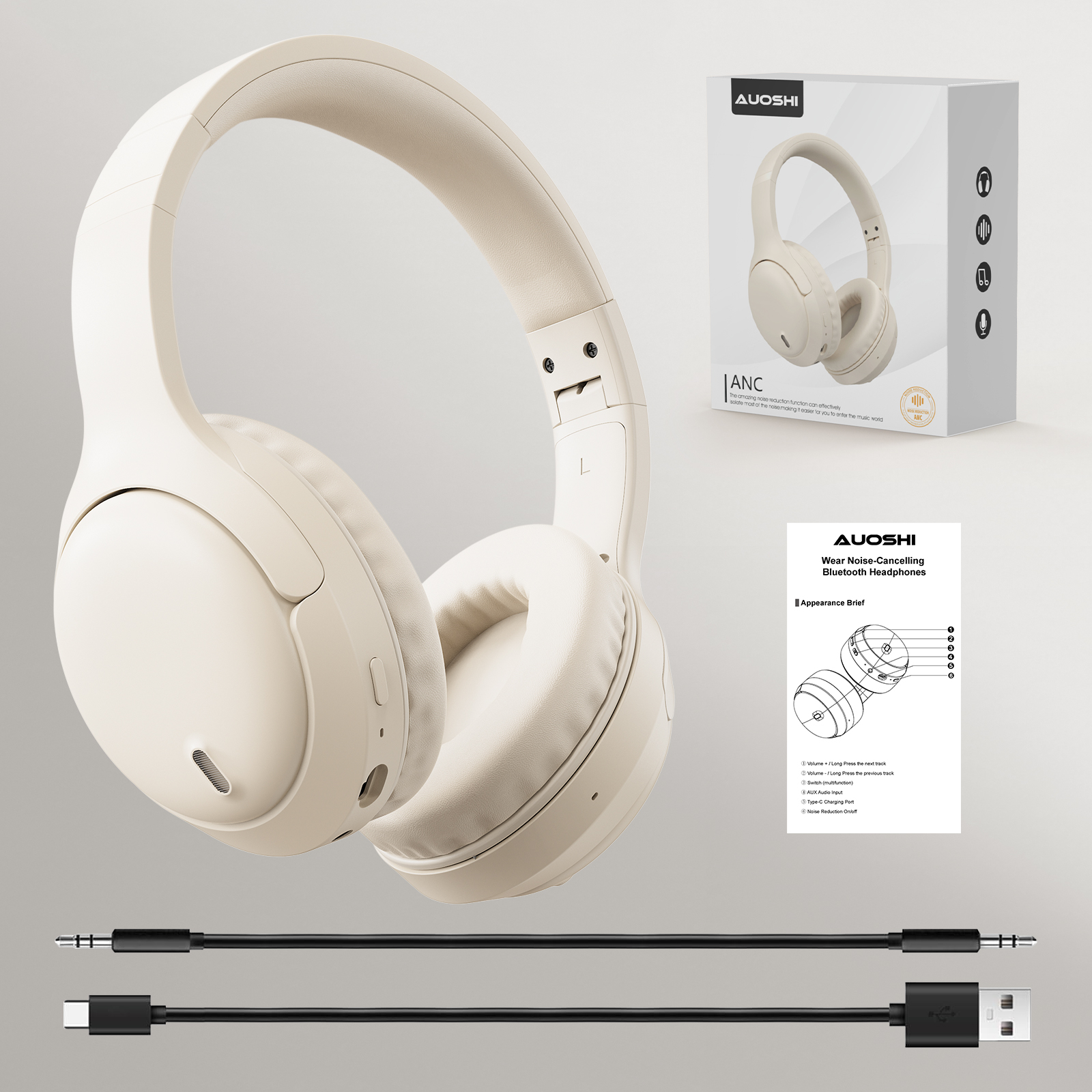 AUOSHI Headphone, A18 Active Noise Cancelling Headphones,Upgraded Wireless Bluetooth 5.3 Over-Ear Headphones with Microphone, White - Image 8