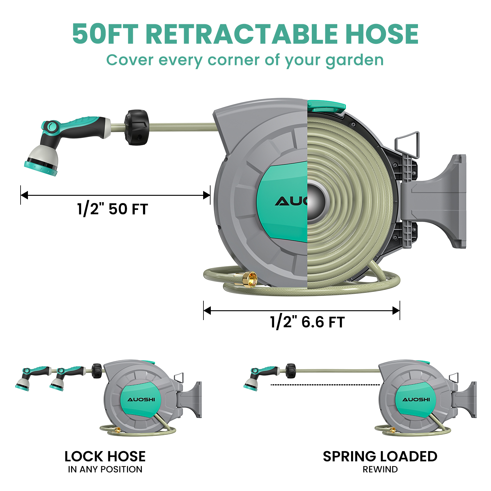 AUOSHI Retractable Garden Hose Reel 1/2" 50ft Automatic Hose Reel with 10-Pattern Spray Nozzle, UV-Resistant PVC Hose, Wall-Mounted with 180° Swivel Bracket - Image 9
