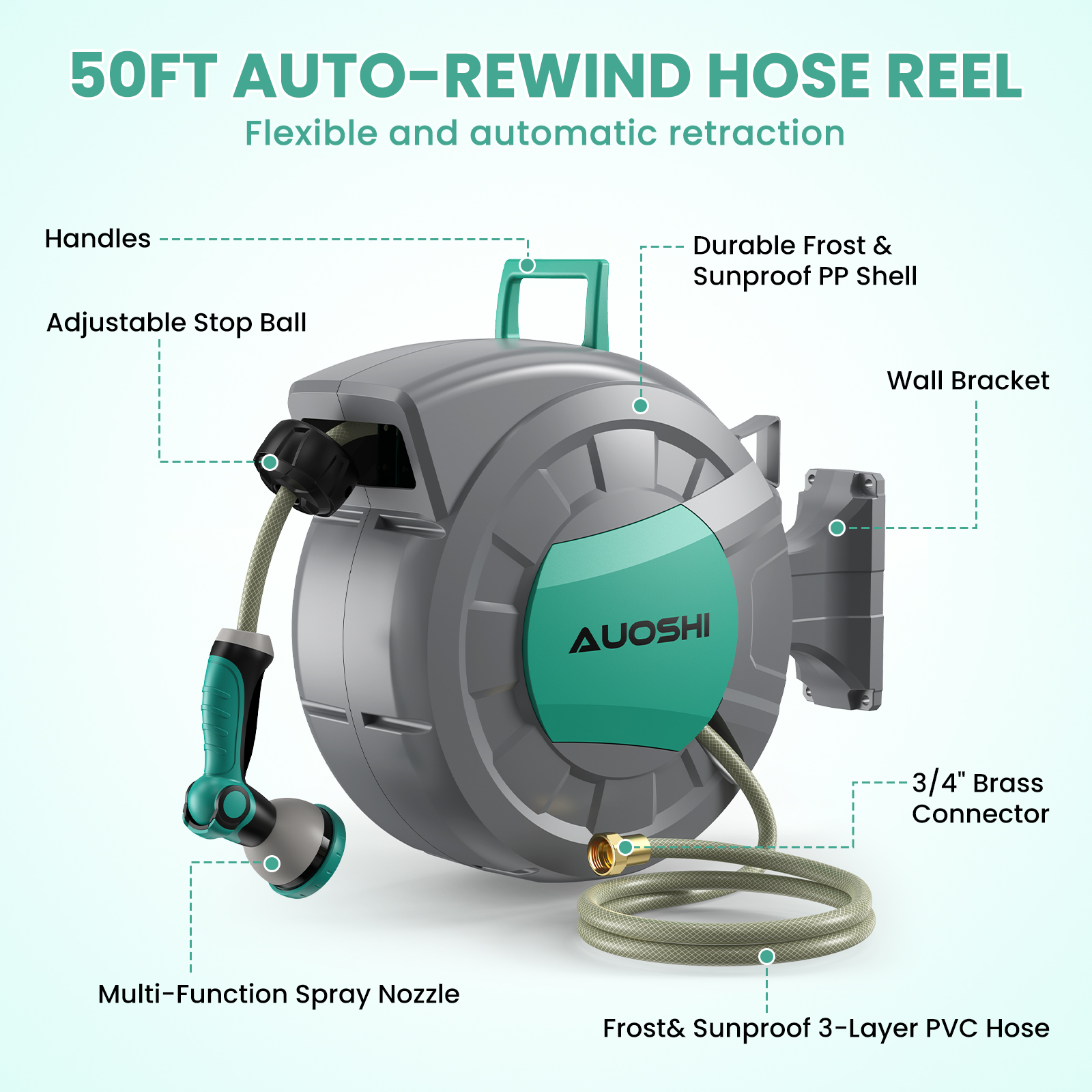 AUOSHI Retractable Garden Hose Reel 1/2" 50ft Automatic Hose Reel with 10-Pattern Spray Nozzle, UV-Resistant PVC Hose, Wall-Mounted with 180° Swivel Bracket - Image 8