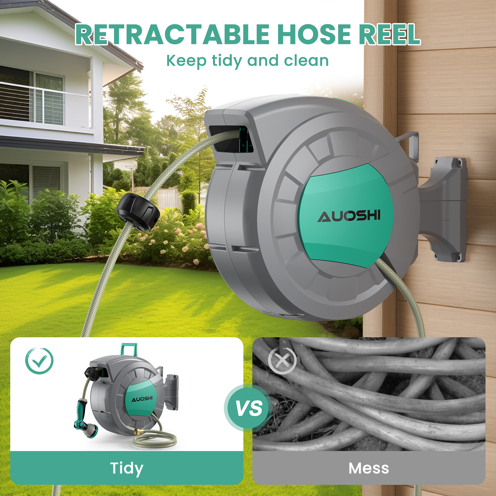 AUOSHI Retractable Garden Hose Reel 1/2" 50ft Automatic Hose Reel with 10-Pattern Spray Nozzle, UV-Resistant PVC Hose, Wall-Mounted with 180° Swivel Bracket - Image 7