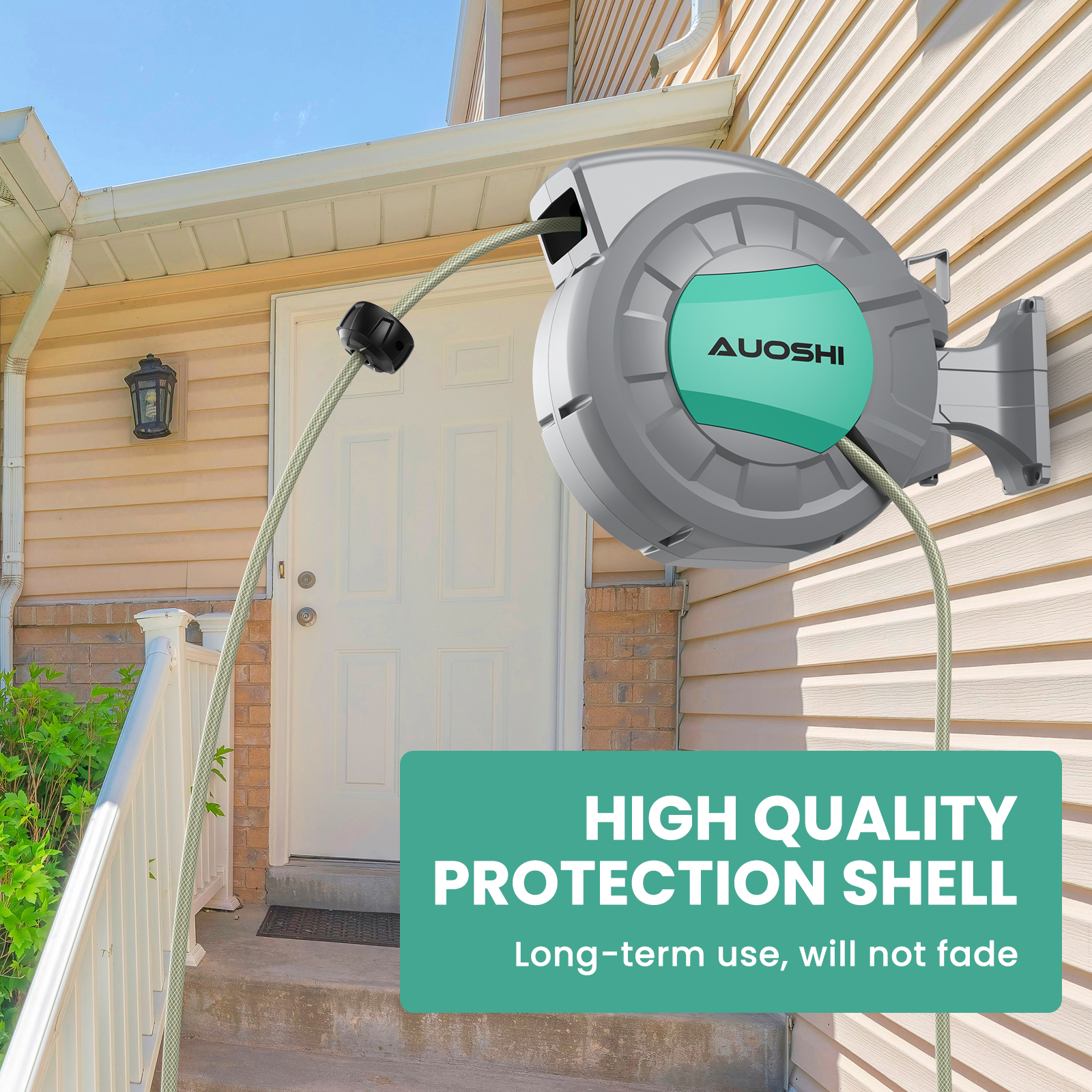 AUOSHI Retractable Garden Hose Reel 1/2" 50ft Automatic Hose Reel with 10-Pattern Spray Nozzle, UV-Resistant PVC Hose, Wall-Mounted with 180° Swivel Bracket - Image 6