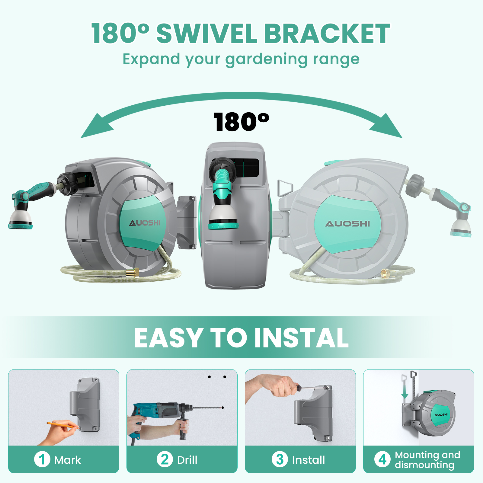 AUOSHI Retractable Garden Hose Reel 1/2" 50ft Automatic Hose Reel with 10-Pattern Spray Nozzle, UV-Resistant PVC Hose, Wall-Mounted with 180° Swivel Bracket - Image 4