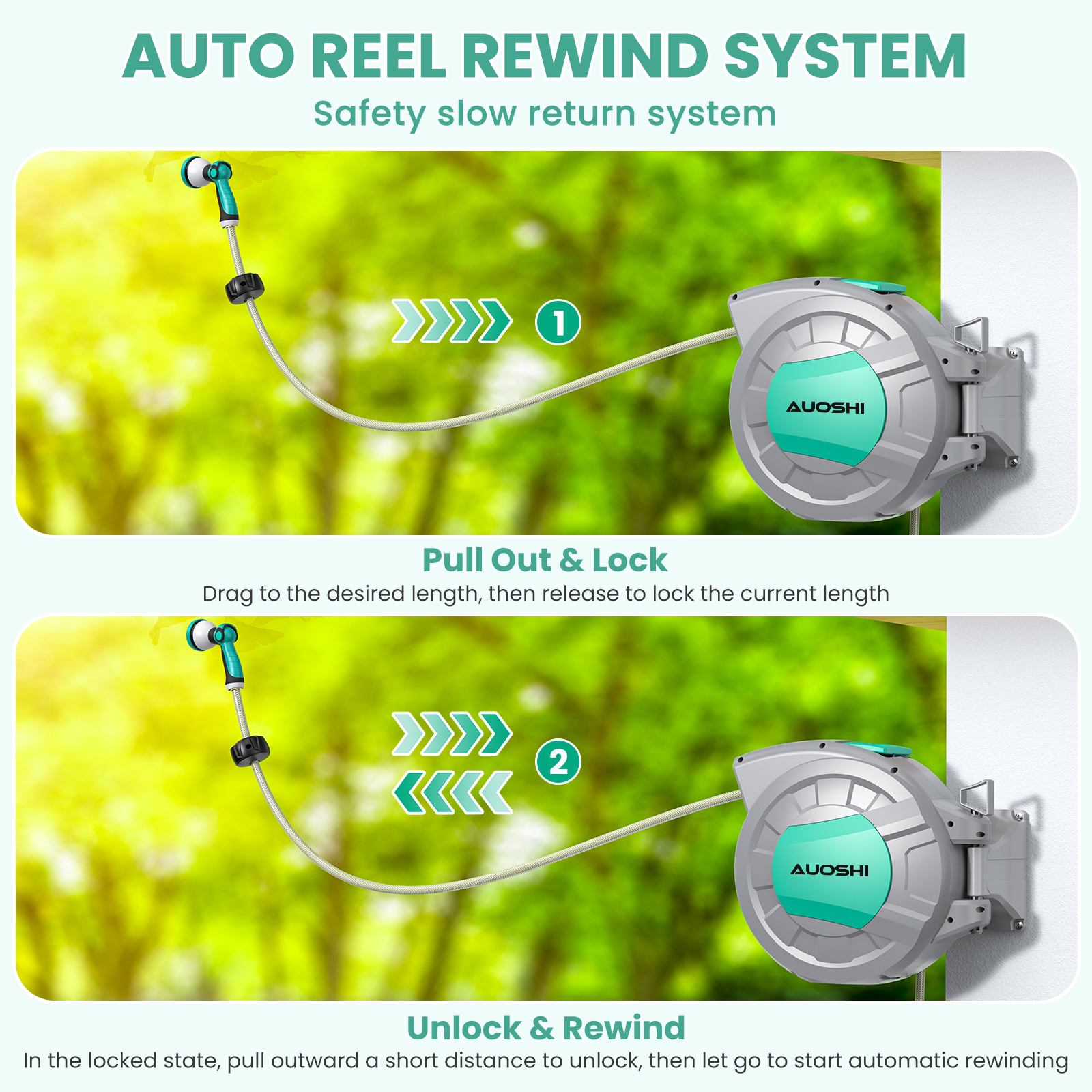 AUOSHI Retractable Garden Hose Reel 1/2" 50ft Automatic Hose Reel with 10-Pattern Spray Nozzle, UV-Resistant PVC Hose, Wall-Mounted with 180° Swivel Bracket - Image 3