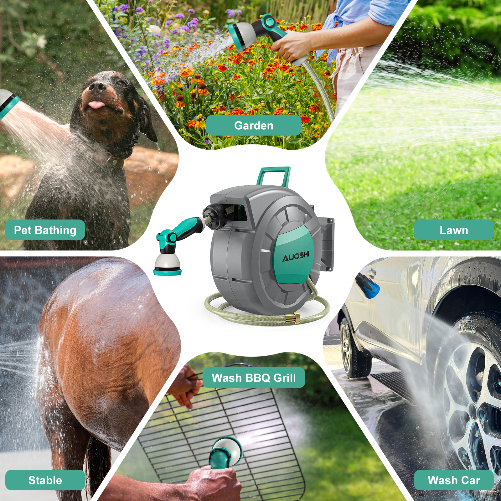AUOSHI Retractable Garden Hose Reel 1/2" 50ft Automatic Hose Reel with 10-Pattern Spray Nozzle, UV-Resistant PVC Hose, Wall-Mounted with 180° Swivel Bracket - Image 2