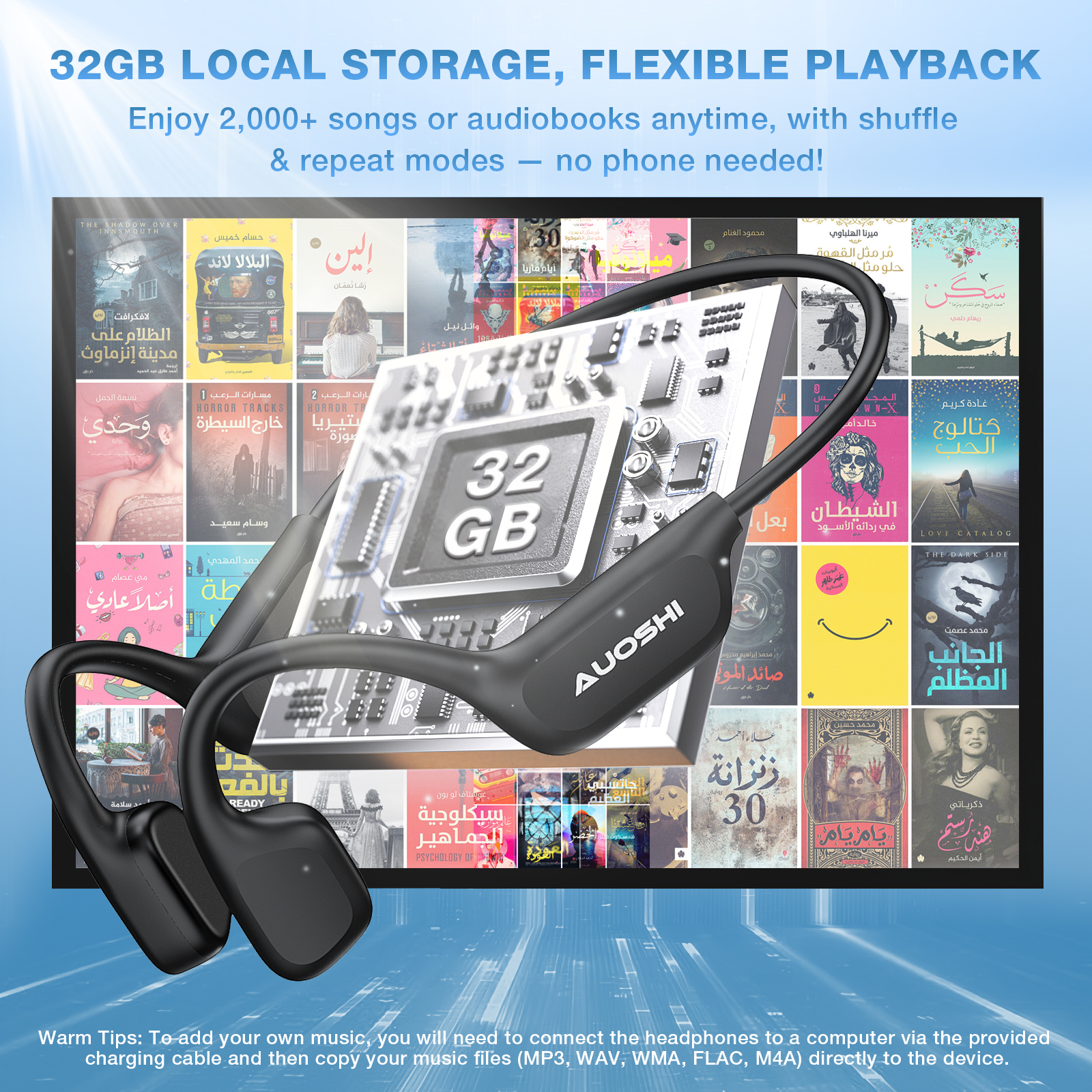 AUOSHI IP68 Waterproof Open Ear Bone Conduction Headphones, Wireless Bluetooth 5.3 Headset with Built-in 32GB Music Player, Underwater Sports Headphones for Swimming,Running,Cycling Workout Gym,Black - Image 2