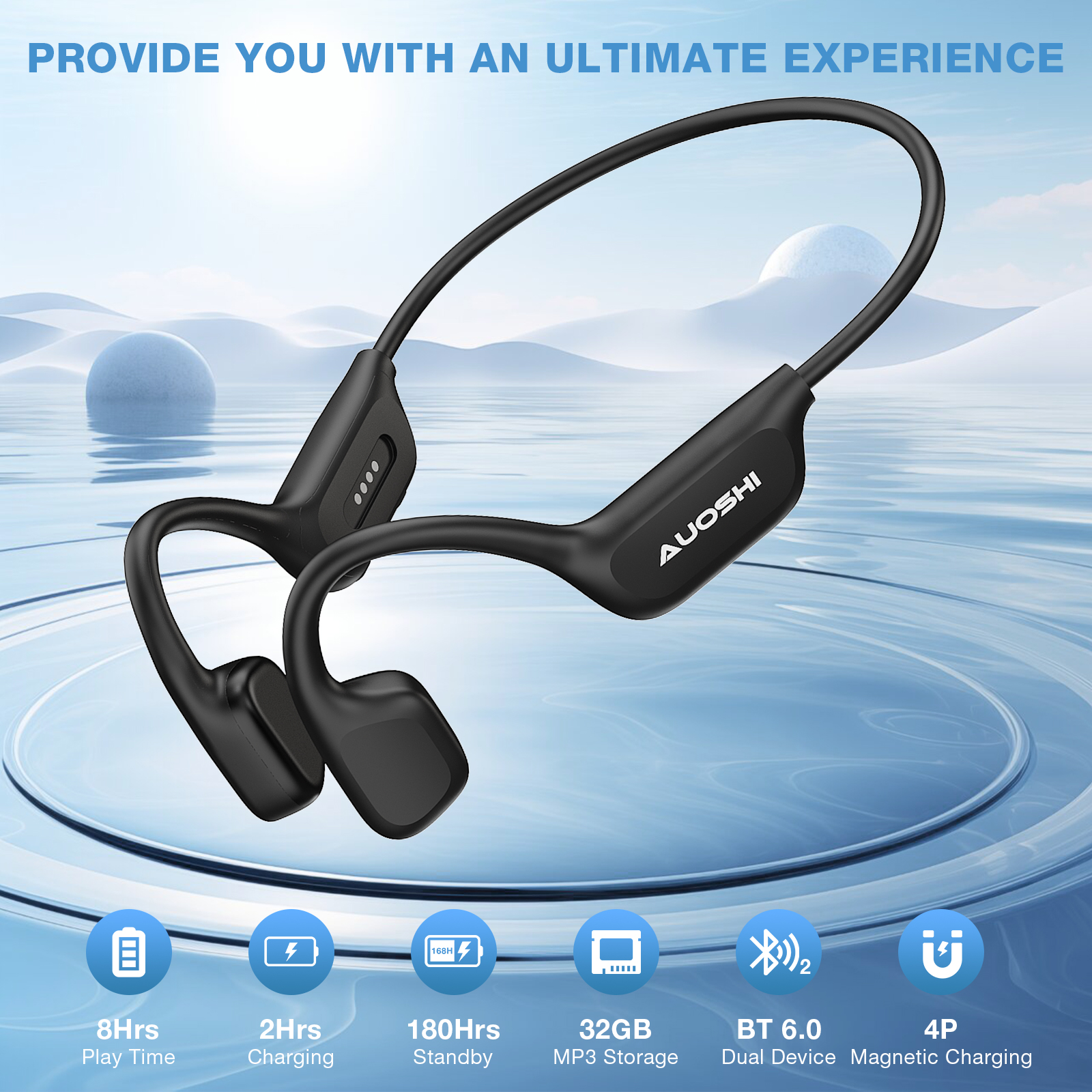 AUOSHI IP68 Waterproof Open Ear Bone Conduction Headphones, Wireless Bluetooth 5.3 Headset with Built-in 32GB Music Player, Underwater Sports Headphones for Swimming,Running,Cycling Workout Gym,Black - Image 5