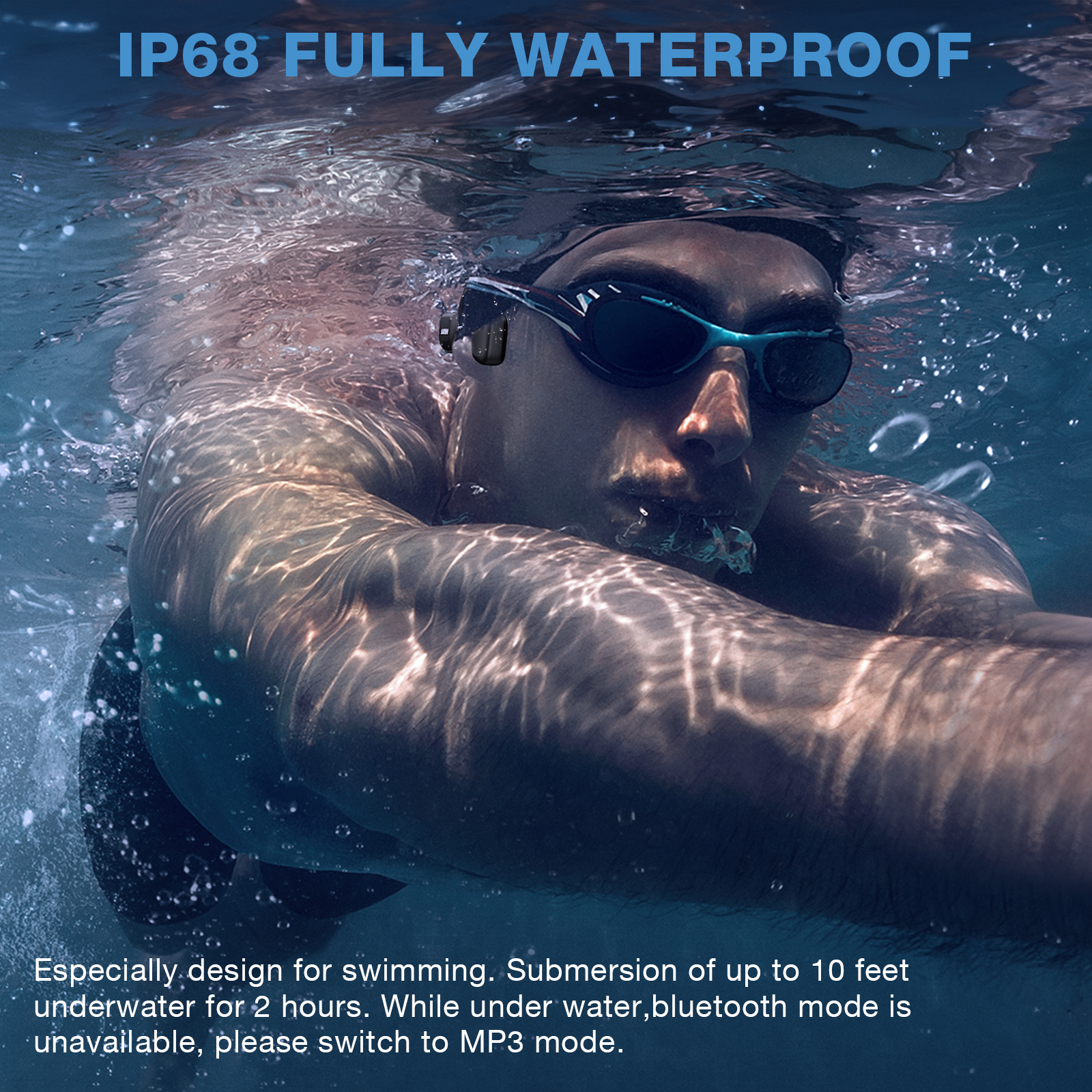 AUOSHI IP68 Waterproof Open Ear Bone Conduction Headphones, Wireless Bluetooth 5.3 Headset with Built-in 32GB Music Player, Underwater Sports Headphones for Swimming,Running,Cycling Workout Gym,Black - Image 3