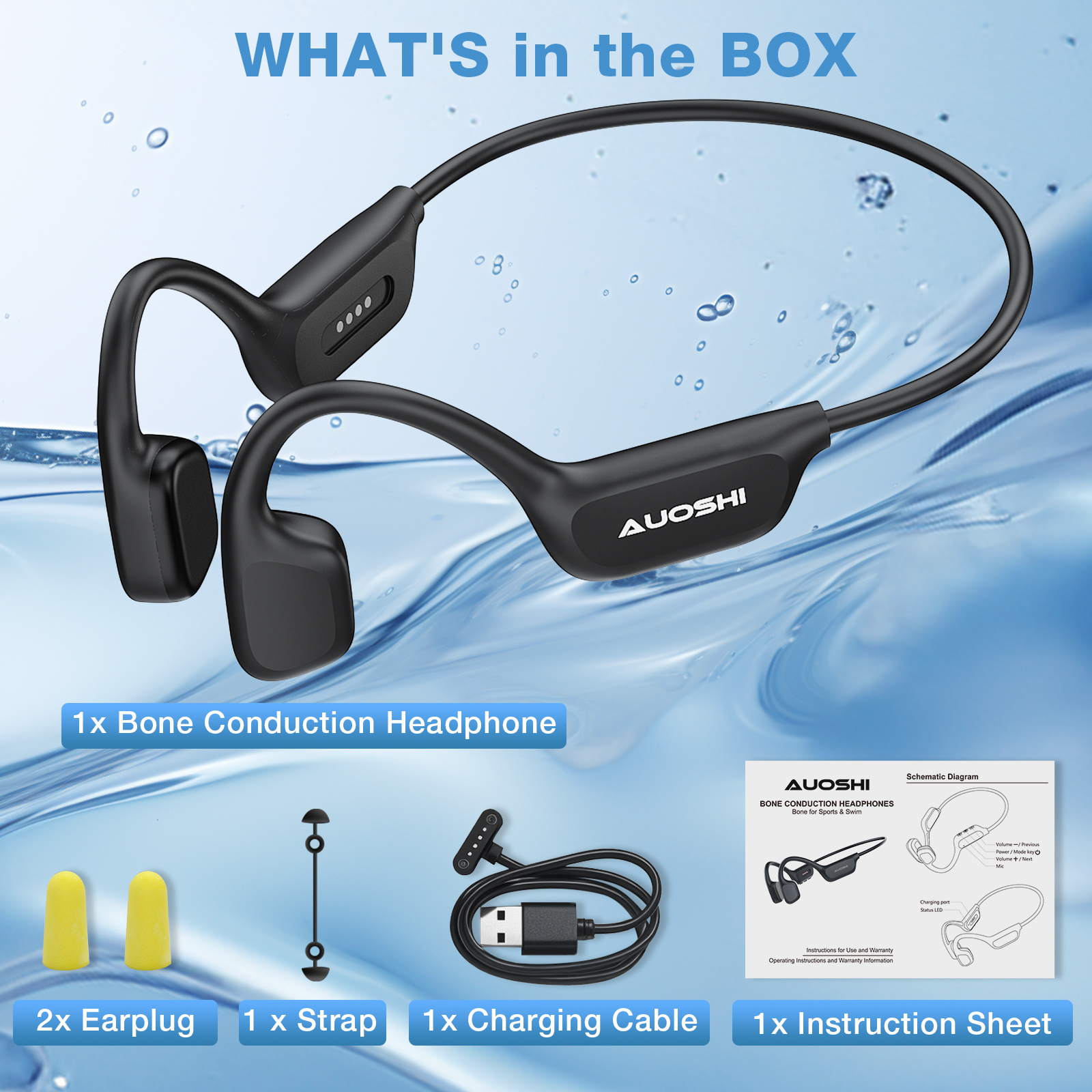 AUOSHI IP68 Waterproof Open Ear Bone Conduction Headphones, Wireless Bluetooth 5.3 Headset with Built-in 32GB Music Player, Underwater Sports Headphones for Swimming,Running,Cycling Workout Gym,Black - Image 7